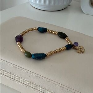 Gold and Blue Beaded Bracelet with Charm